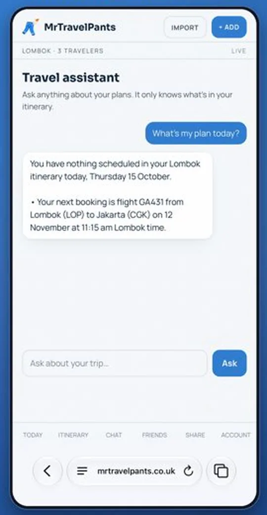 The MrTravelPants assistant answering a question about a trip itinerary