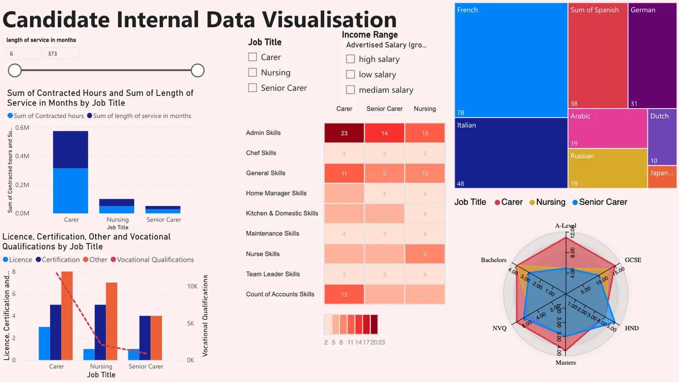 Power BI dashboard summarising candidates by job title, skills, languages and qualifications.